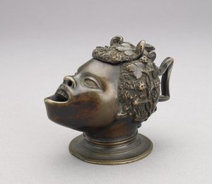Afrikalı bir çocuğun kafası şeklinde lamba veya hokka; menteşeli kapak ve açısal tutamak, c. 1510-30 bronz
